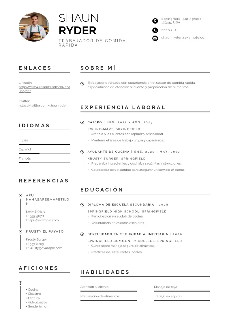 two column cv-trabajador-de-comida-rapida resume example
