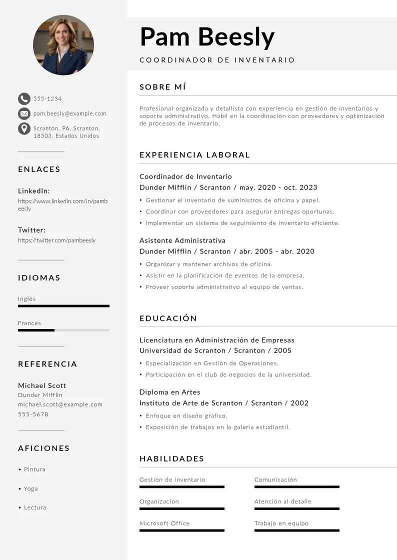 two column cv-coordinador-de-inventario resume example