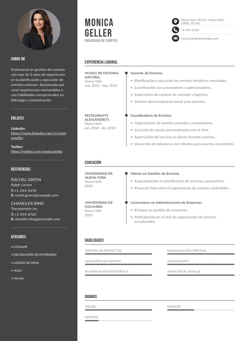 two column cv-encargado-de-eventos resume example