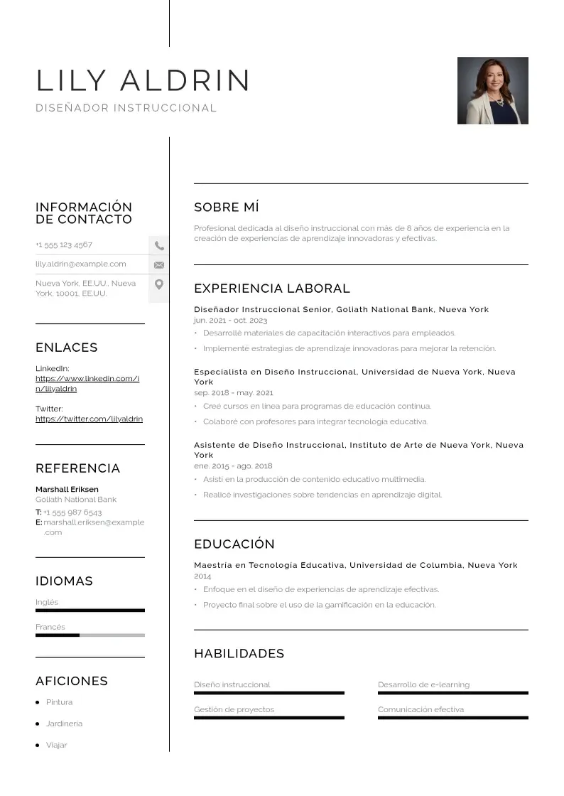 two column cv-disenador-instruccional resume example