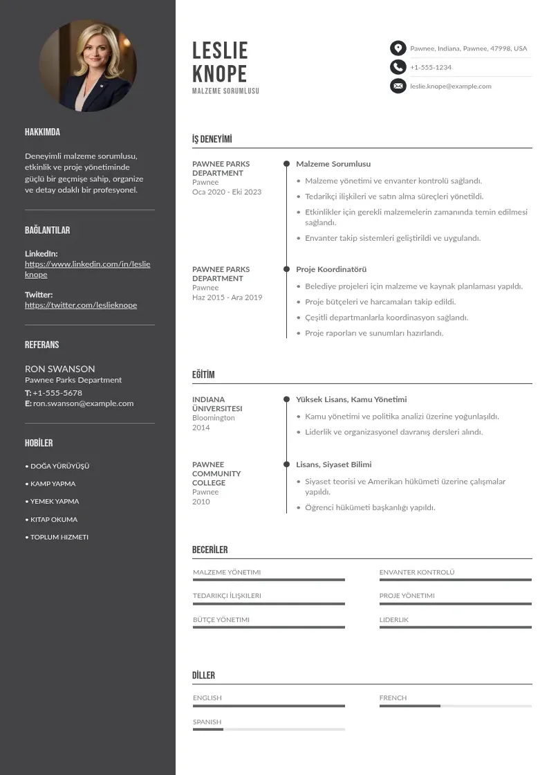 Divu kolonnu Malzeme sorumlusu  CV piemērs