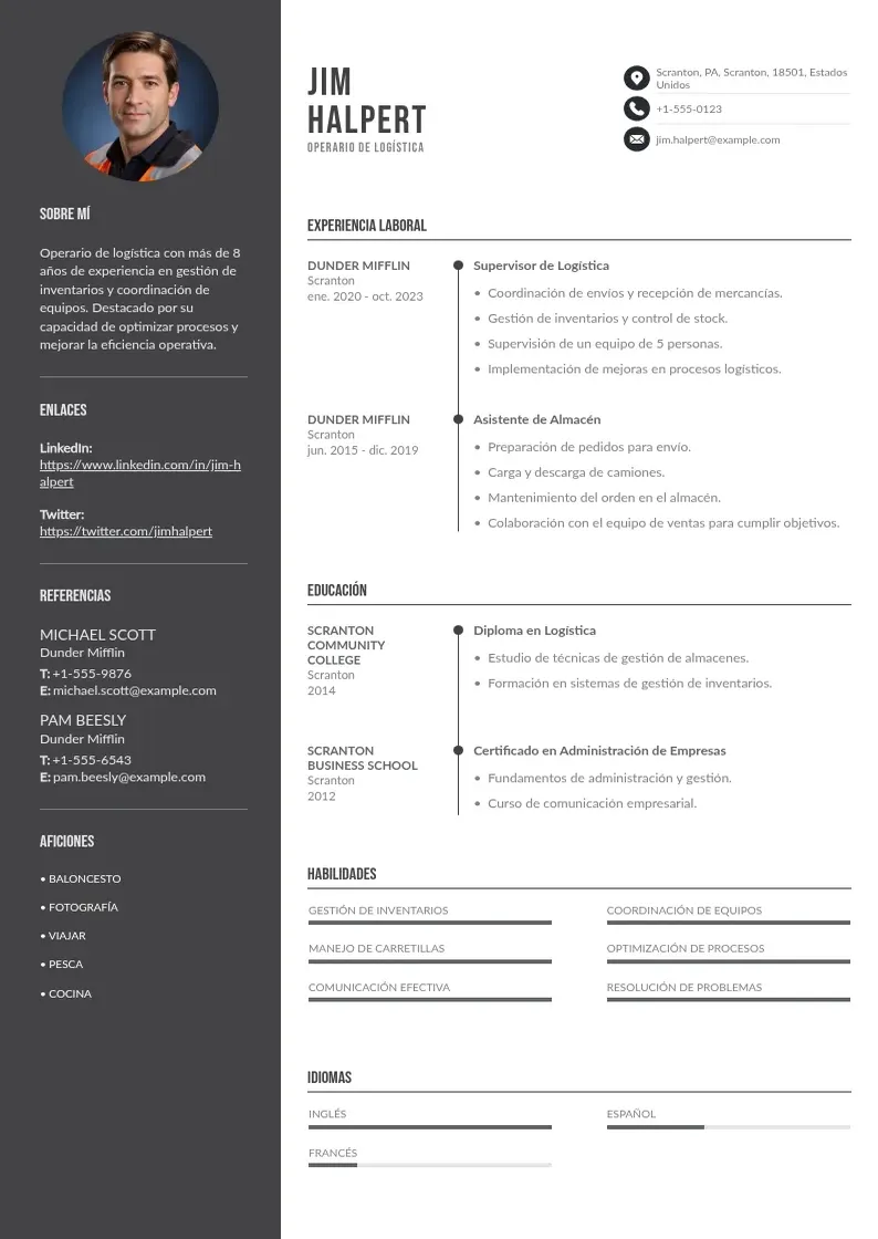 two column operario-de-logistica resume example