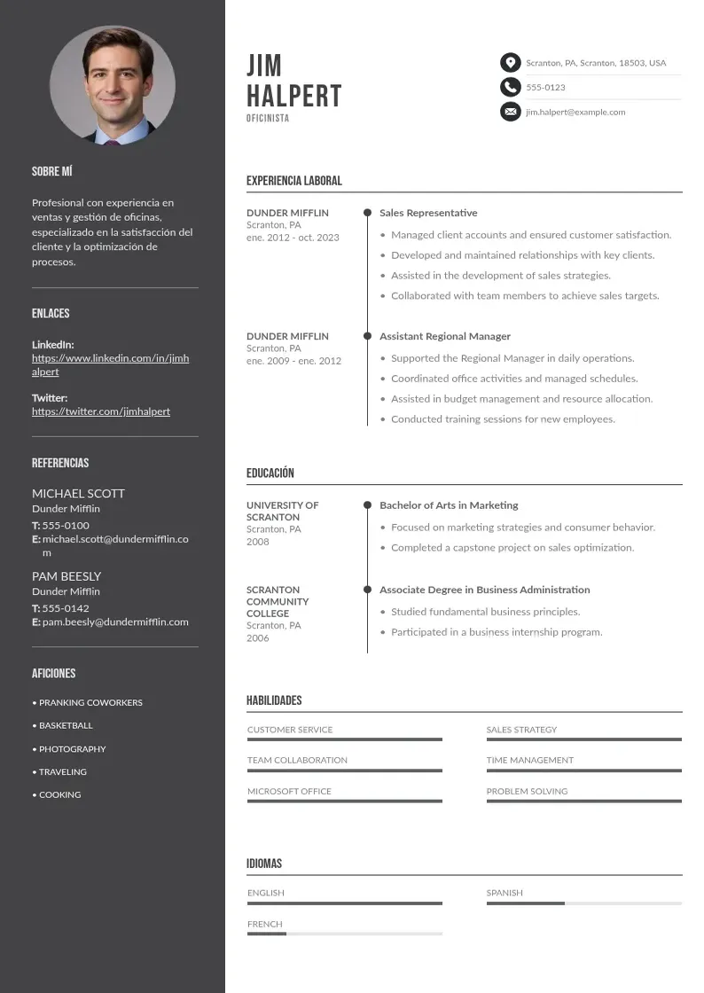 two column cv-oficinista resume example