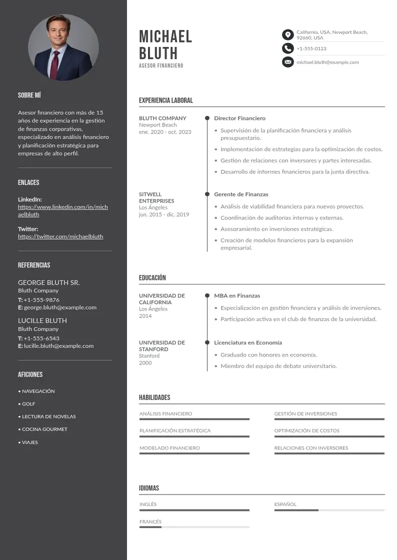 two column cv-asesor-financiero resume example