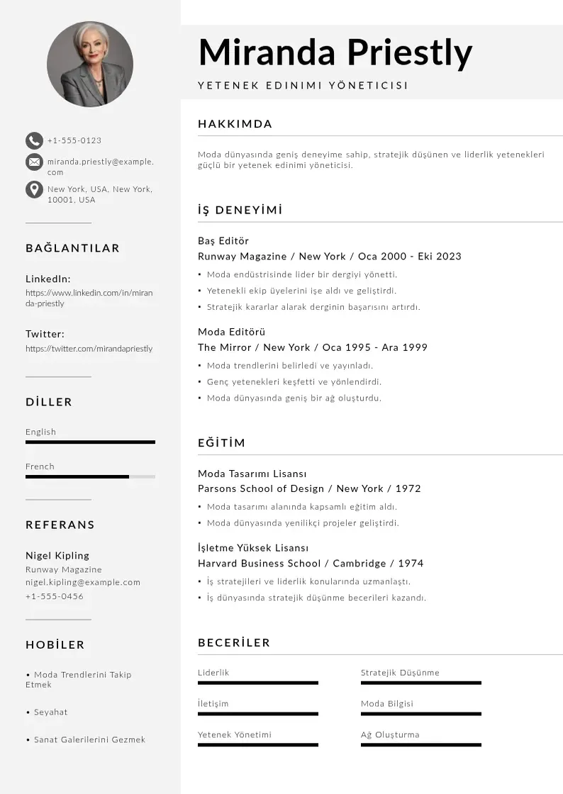 Mūsdienīga Yetenek Edinimi Yöneticisi  CV veidne