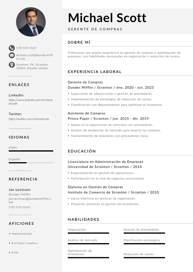 two column cv-gerente-de-compras resume example