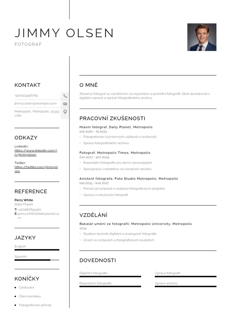 Vienkārša Priklady zivotopisu fotografu CV piemērs