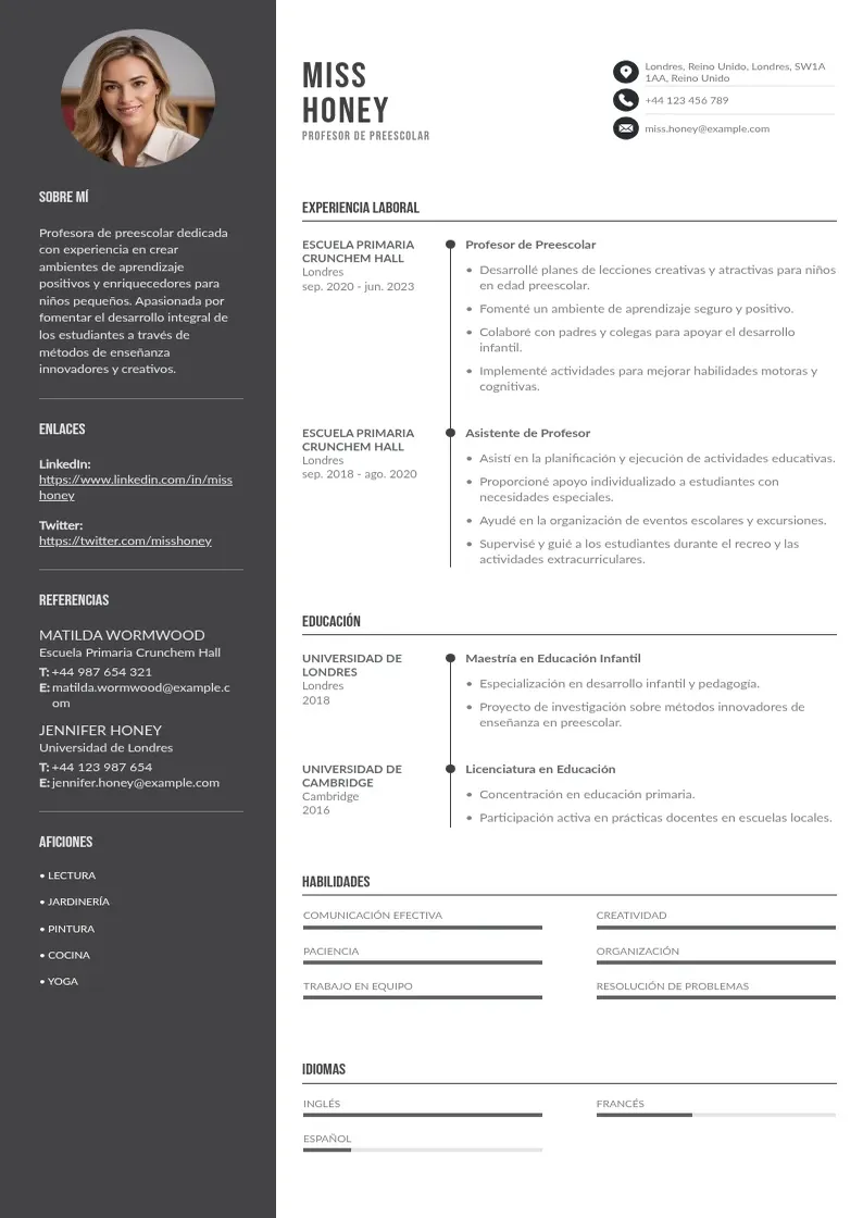 two column cv-profesor-de-preescolar resume example