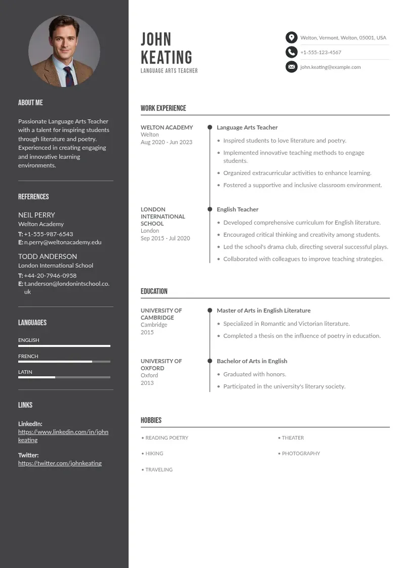 two column language-arts-teacher-resume resume example