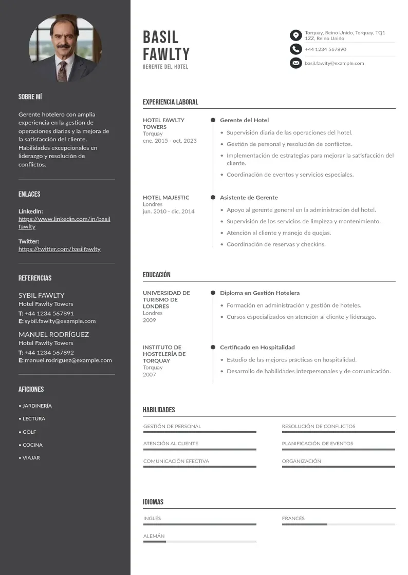 two column cv-gerente-del-hotel resume example