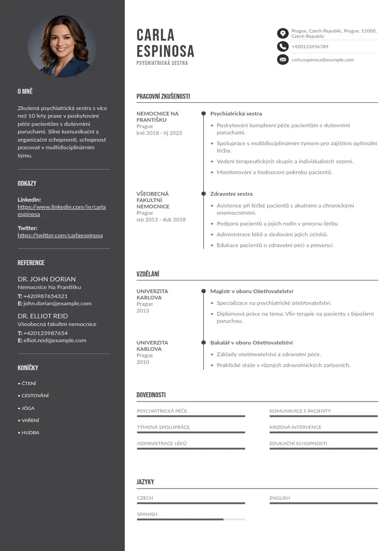 Divu kolonnu Psychiatrická sestra  CV piemērs