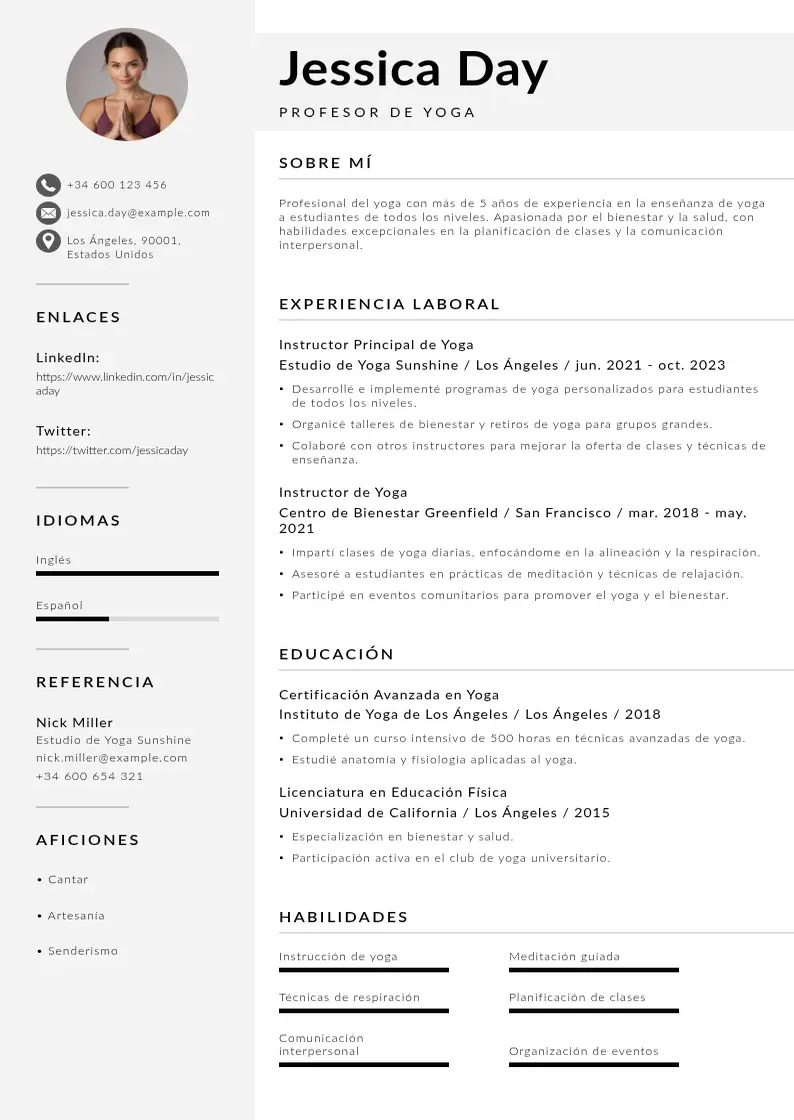 two column cv-profesor-de-yoga resume example