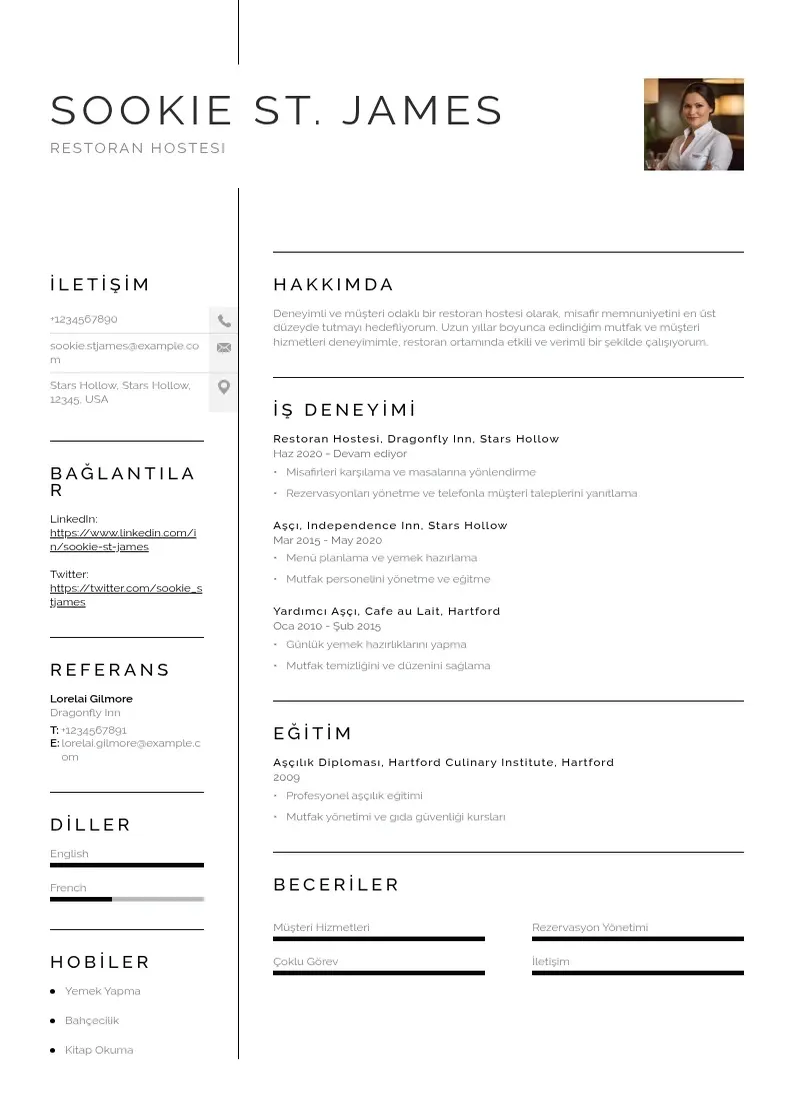 Vienkārša restoran hostesi  CV piemērs