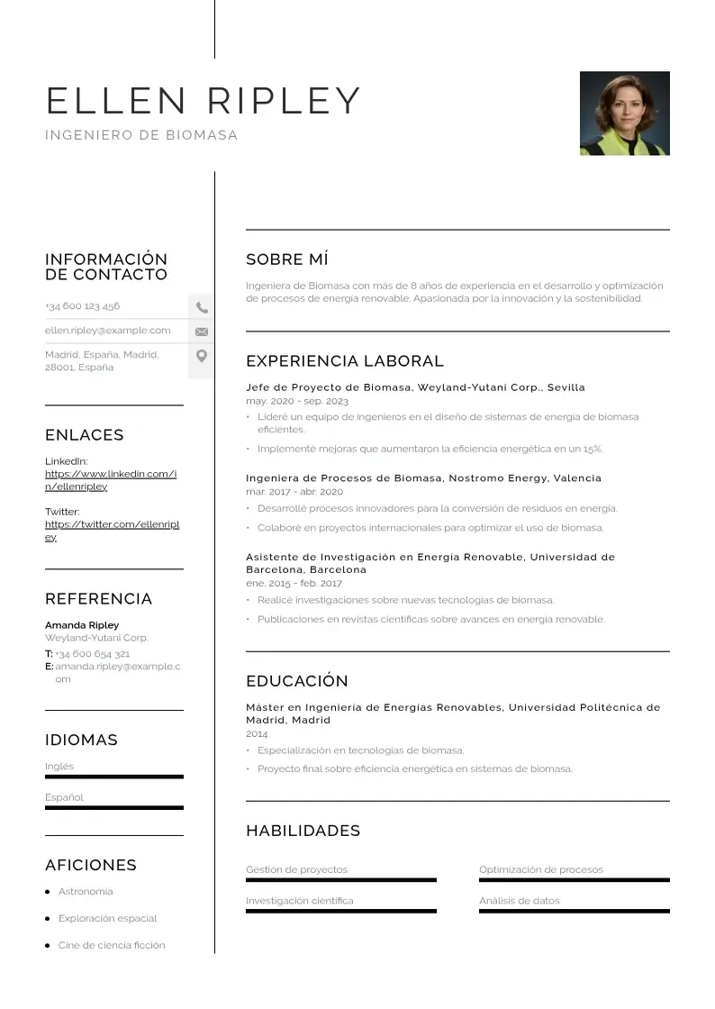 two column ingeniero-de-biomasa resume example