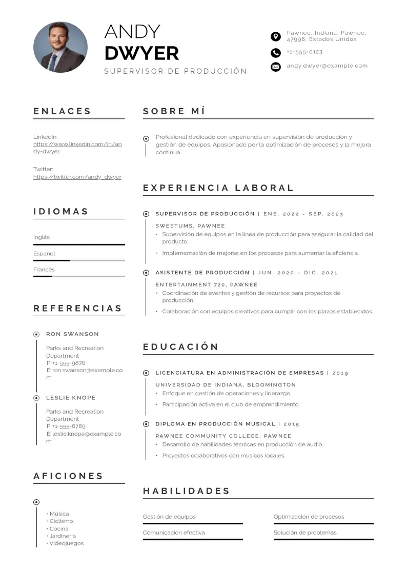 two column cv-supervisor-de-produccion resume example