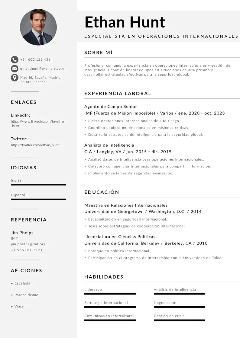 two column internacional resume example