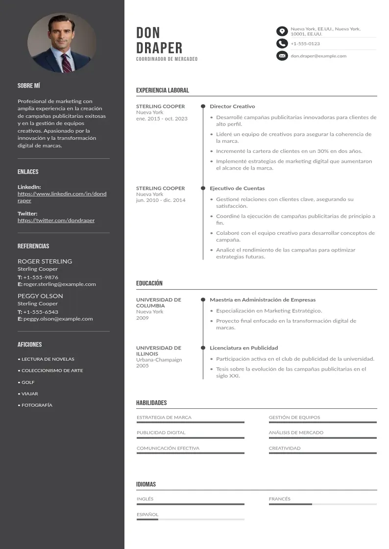 two column cv-coordinador-de-mercadeo resume example