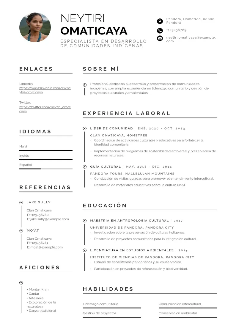 two column especialista-en-desarrollo-de-comunidades-indigenas resume example