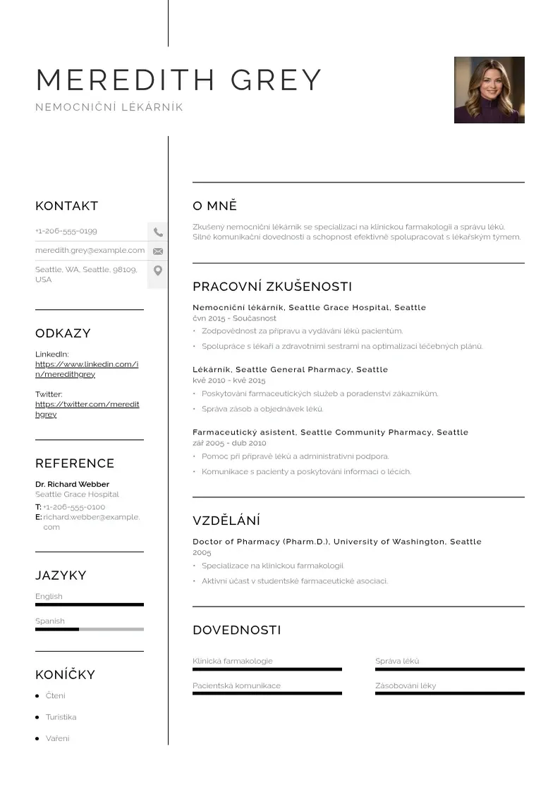 Vienkārša Nemocniční lékárník  CV piemērs