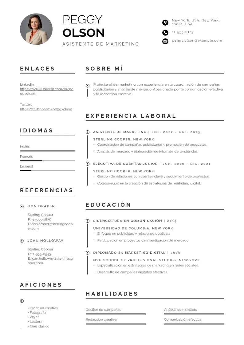 two column asistente-de-marketing resume example