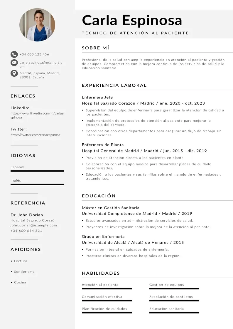 two column cv-tecnico-de-atencion-al-paciente resume example