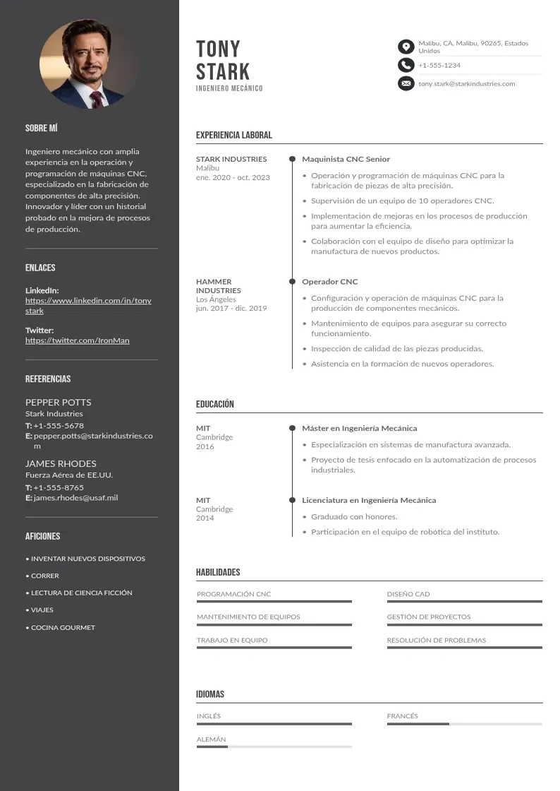 two column maquinista-cnc resume example