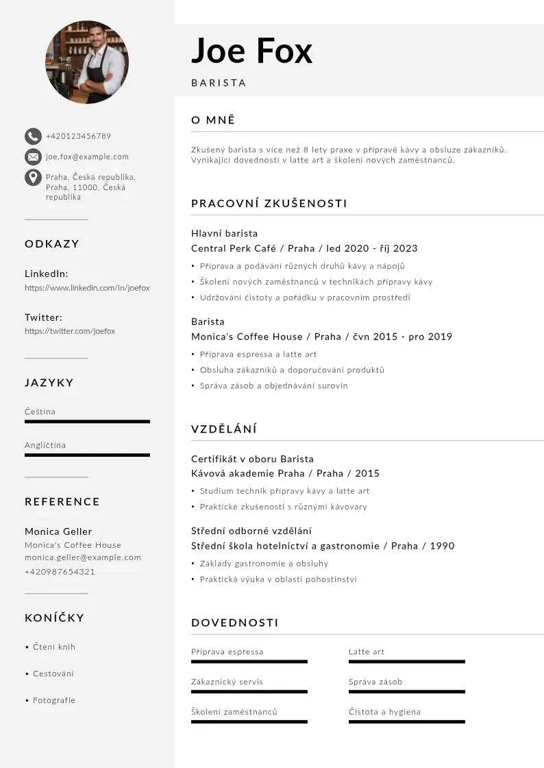 Mūsdienīga Zivotopis barista CV veidne