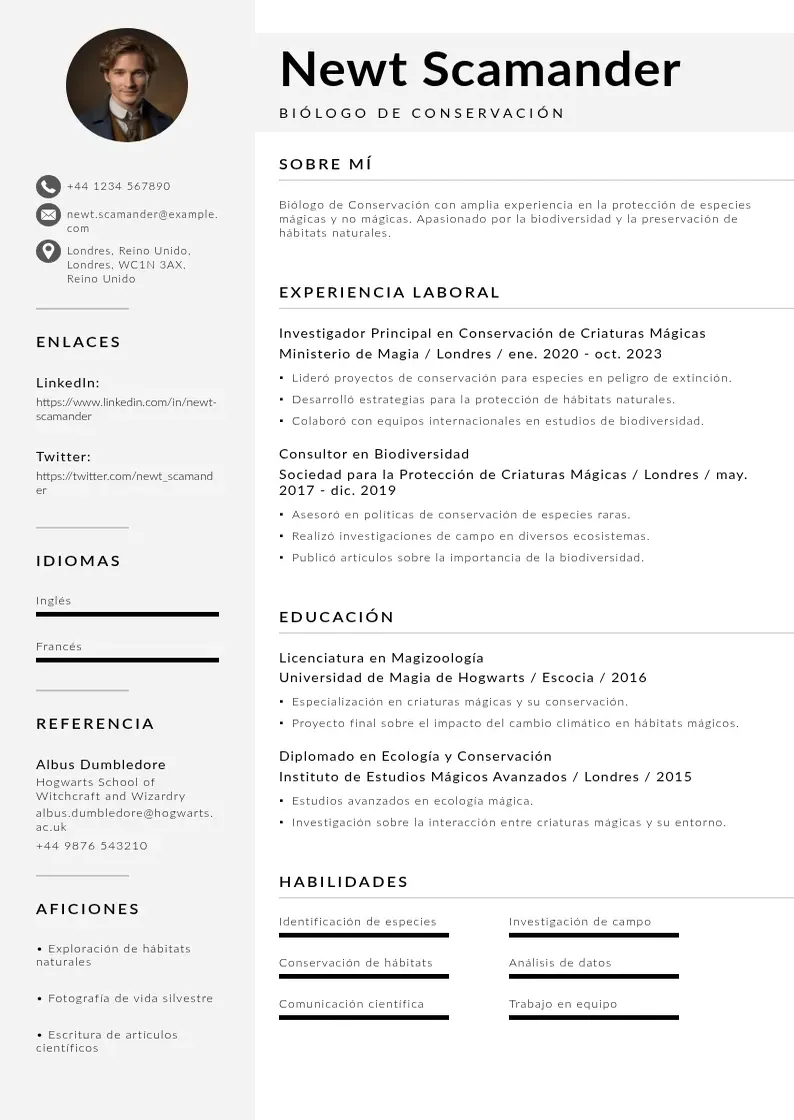 two column biologo-de-conservacion resume example