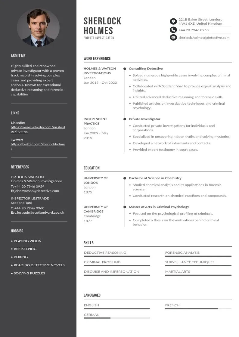 two column private-investigator-resume resume example
