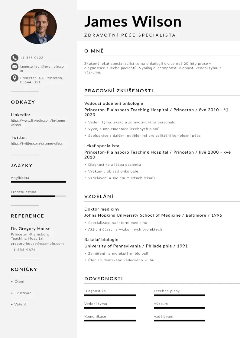 Mūsdienīga Zdravotni pece zivotopis CV veidne