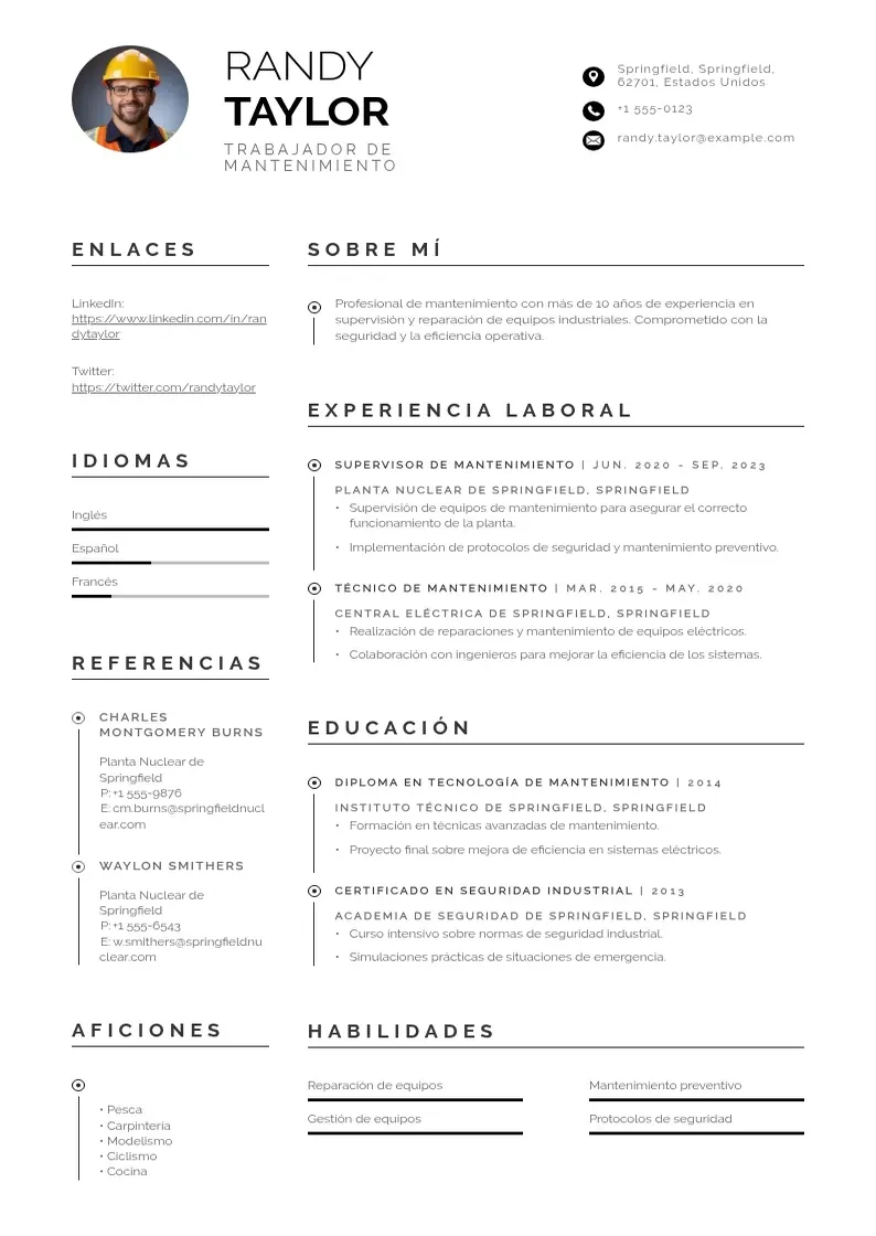 two column cv-trabajador-de-mantenimiento resume example