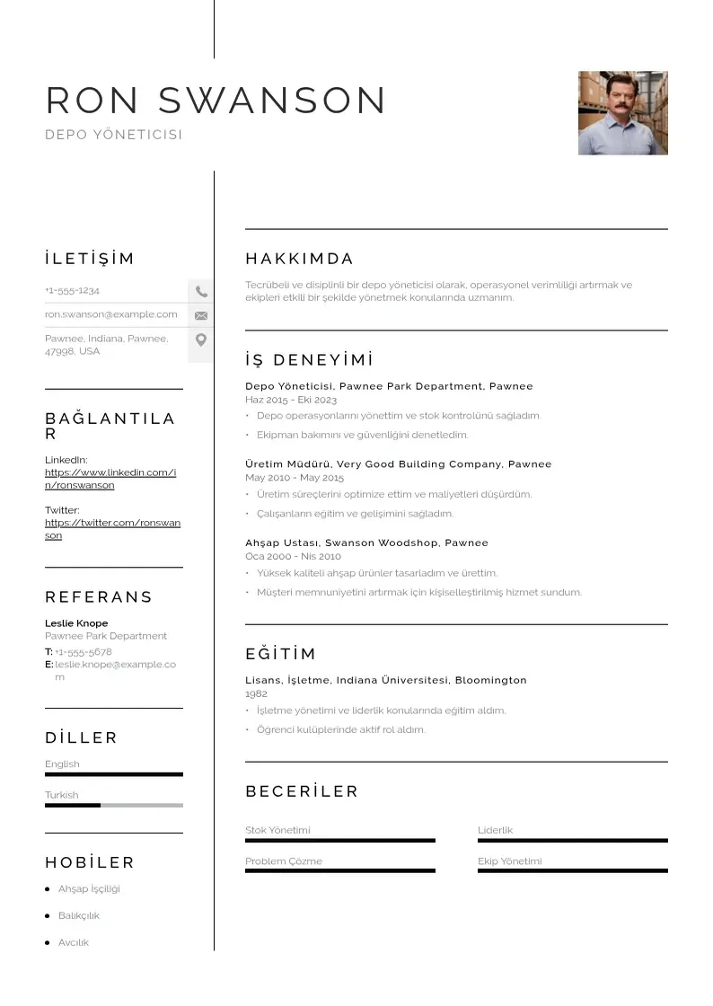 Vienkārša Depo yöneticisi  CV piemērs