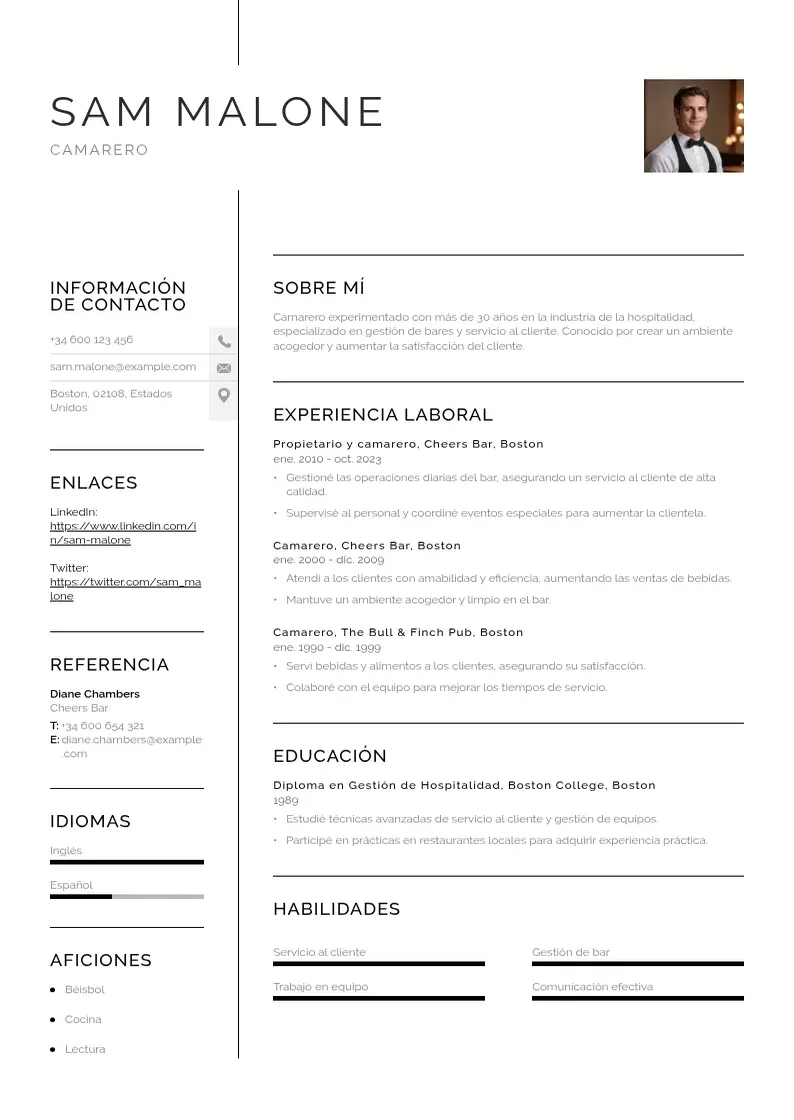 two column curriculum-de-camarero resume example