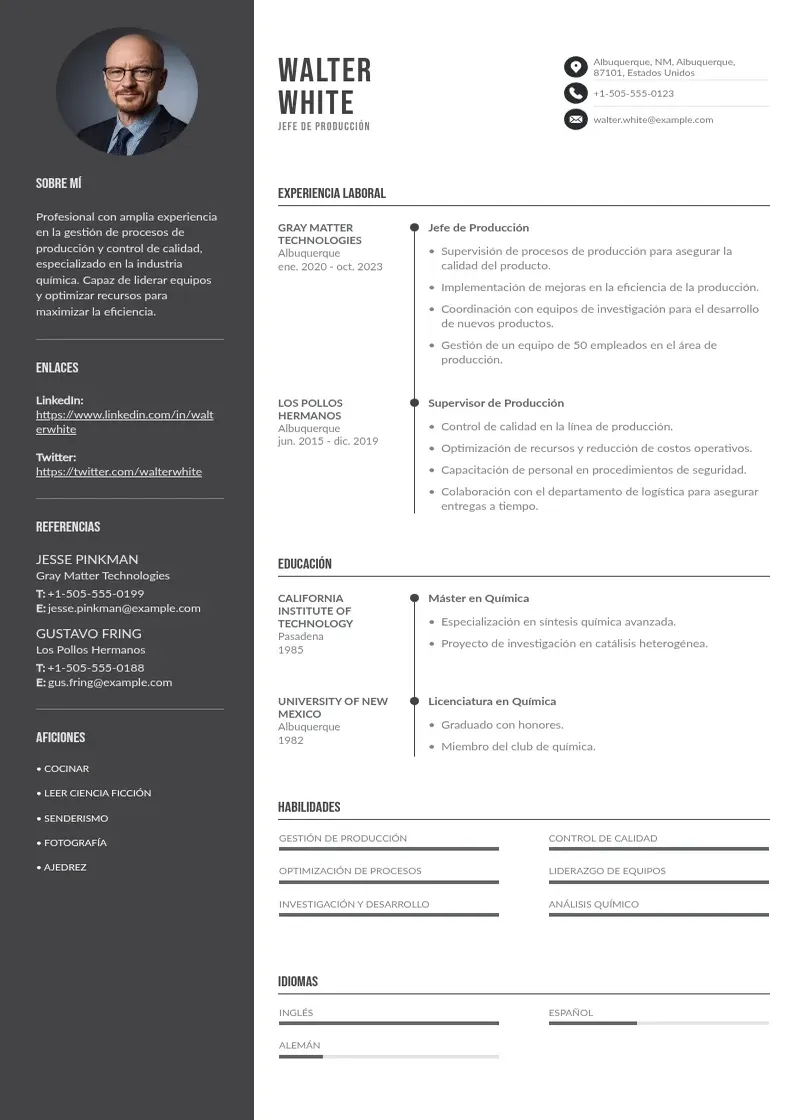 two column cv-jefe-de-produccion resume example