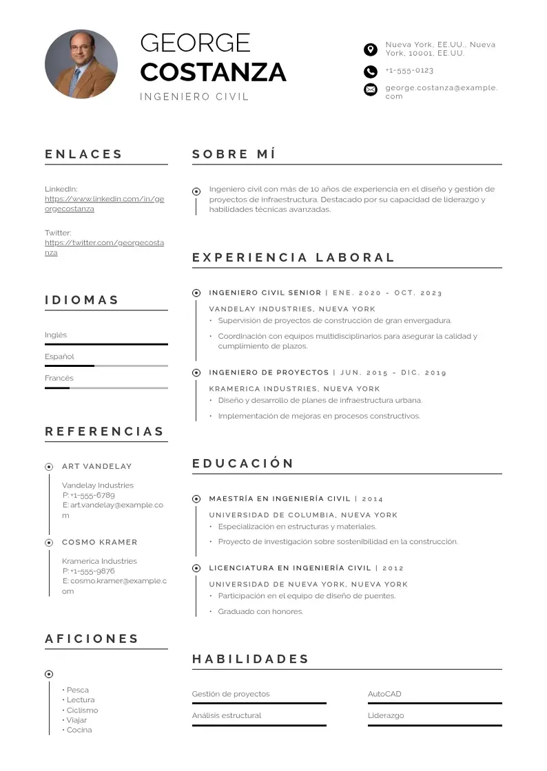 two column curriculum-de-ingeniero-civil resume example