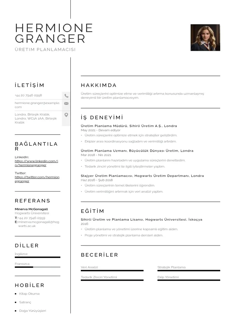 Vienkārša Üretim planlamacısı  CV piemērs