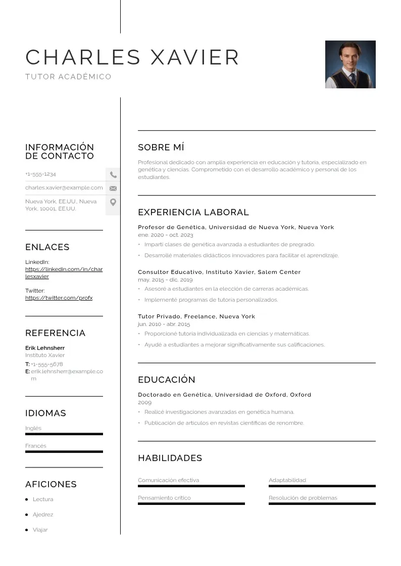 two column cv-tutor-academico resume example