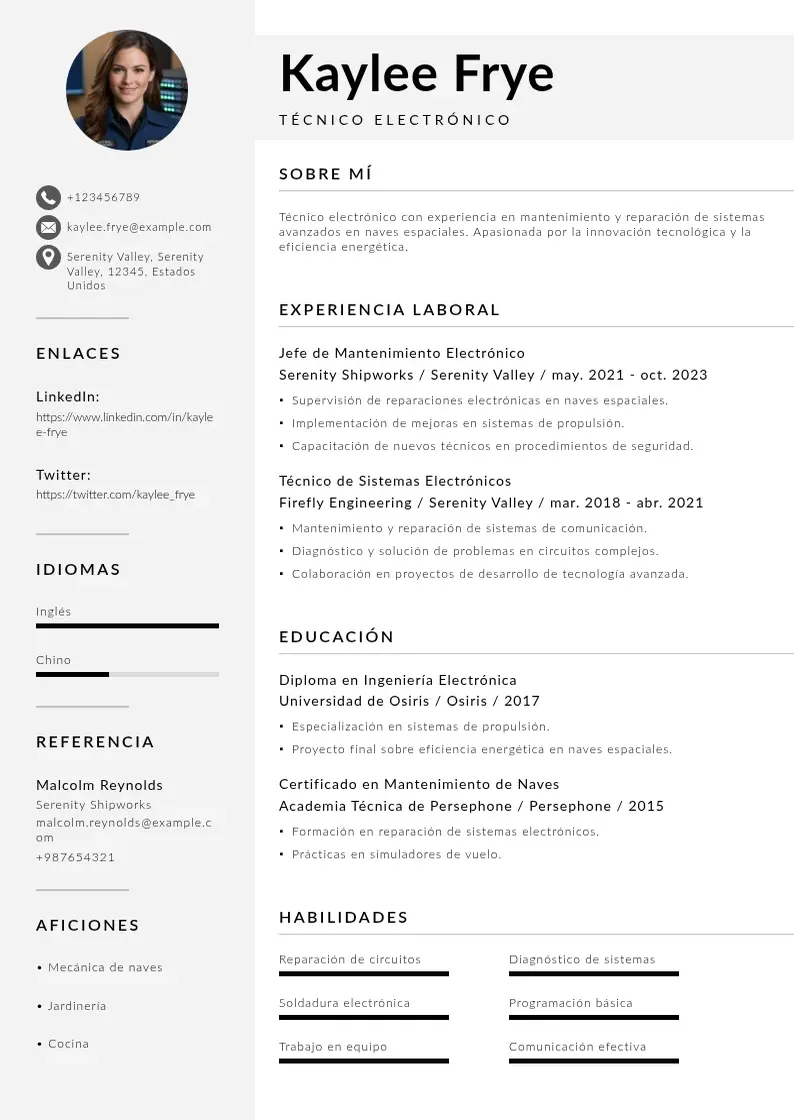 two column tecnico-electronico resume example