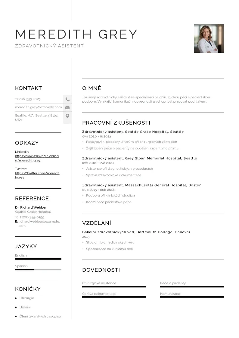 Vienkārša Zivotopis zdravotnickeho asistenta CV piemērs
