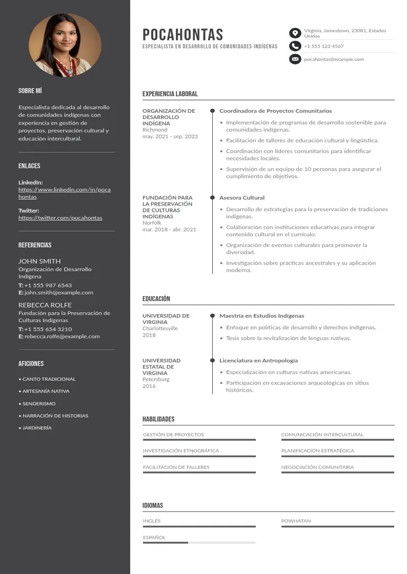 two column especialista-en-desarrollo-de-comunidades-indigenas resume example