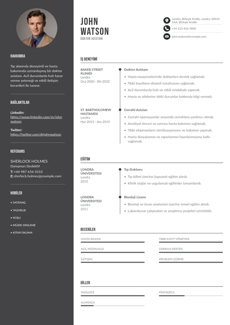 Divu kolonnu Doktor Asistanı  CV piemērs