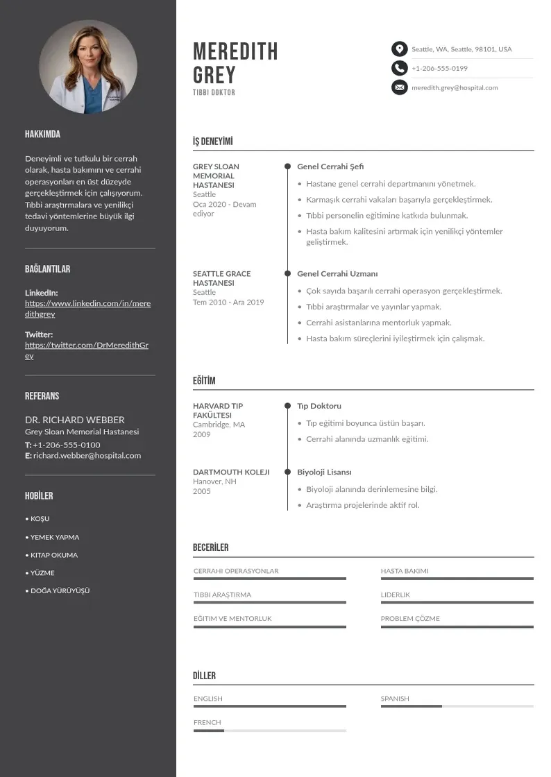 Divu kolonnu Tıbbi doktor  CV piemērs