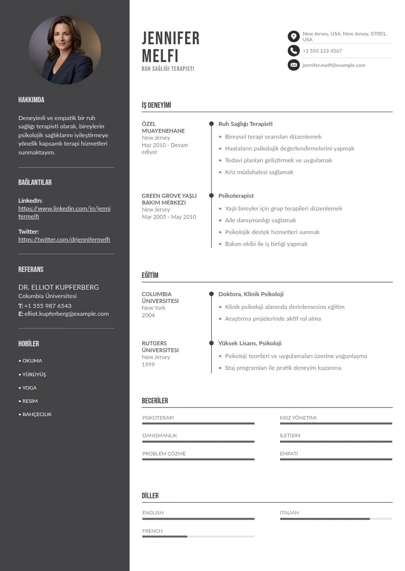Divu kolonnu Ruh Sağlığı Terapisti  CV piemērs