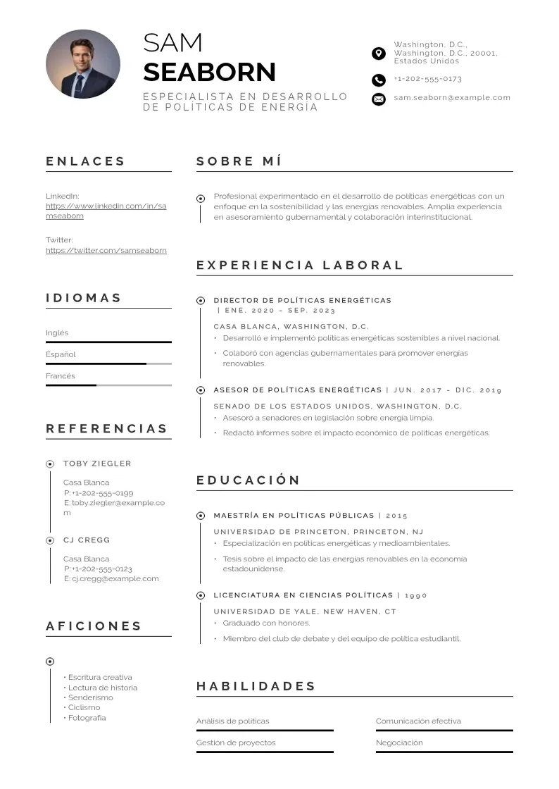 two column especialista-en-desarrollo-de-politicas-de-energia resume example