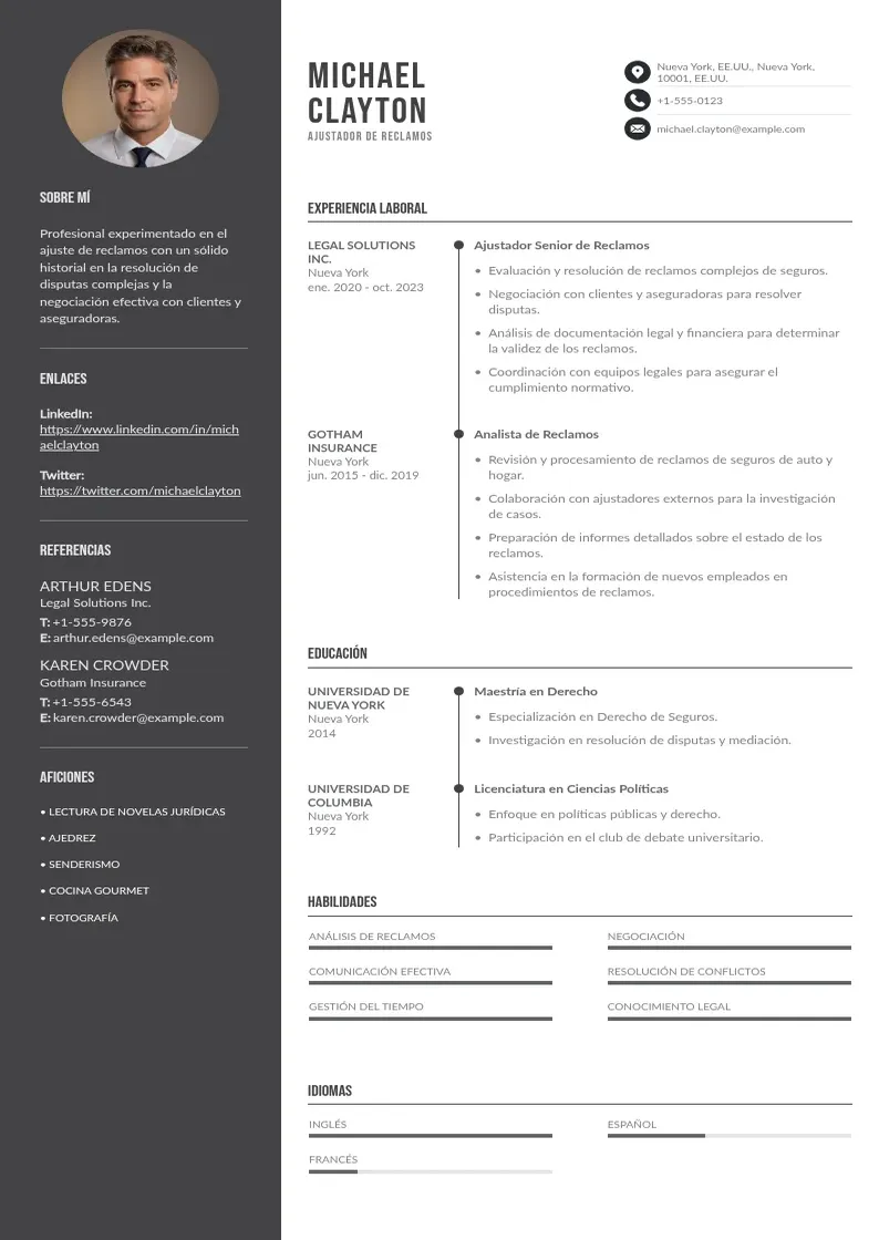 two column cv-ajustador-de-reclamos resume example