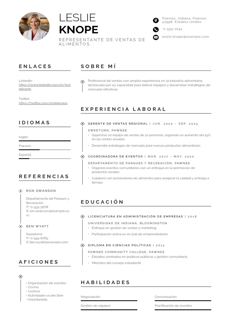 two column representante-de-ventas-de-alimentos resume example