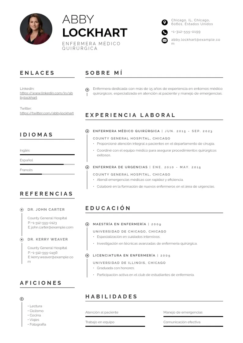 two column enfermera-medico-quirurgica resume example