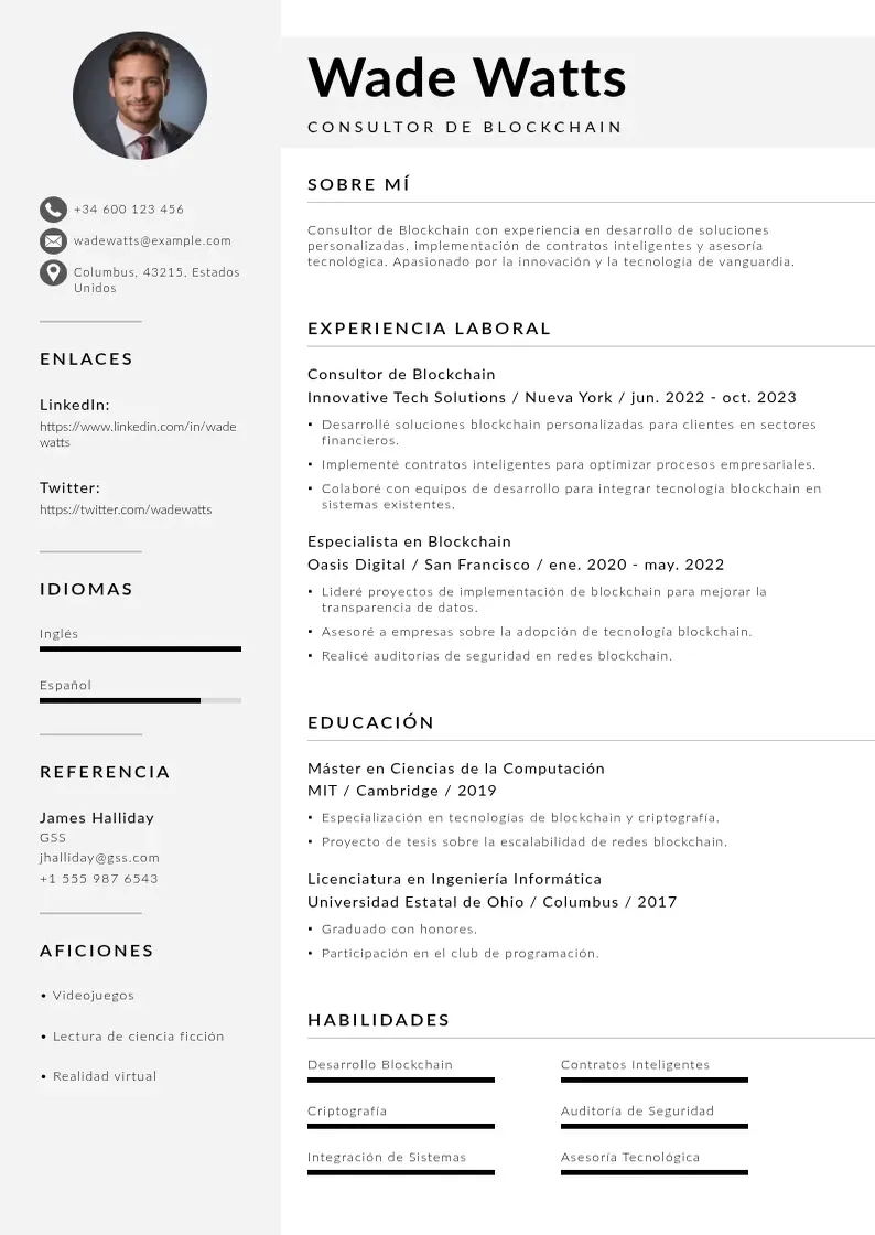 two column consultor-de-blockchain resume example