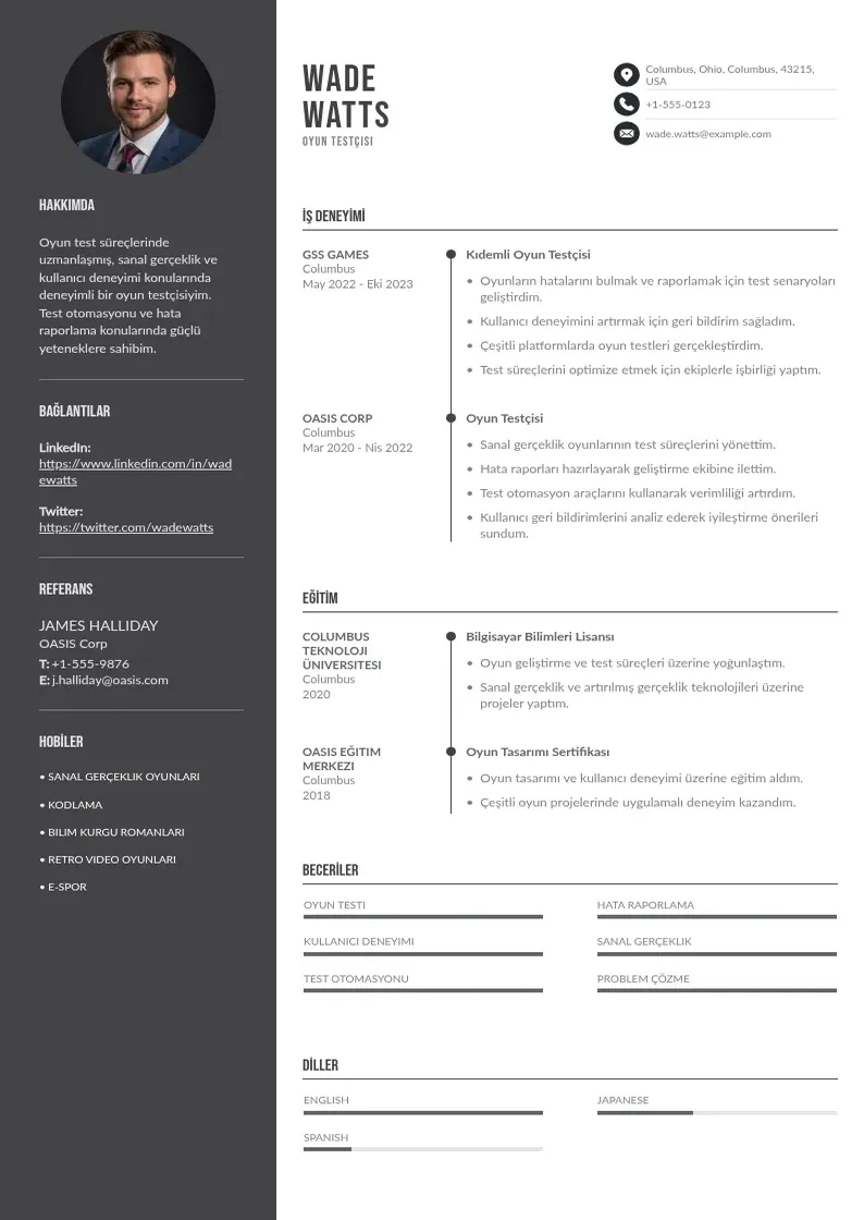Divu kolonnu Oyun testçisi  CV piemērs