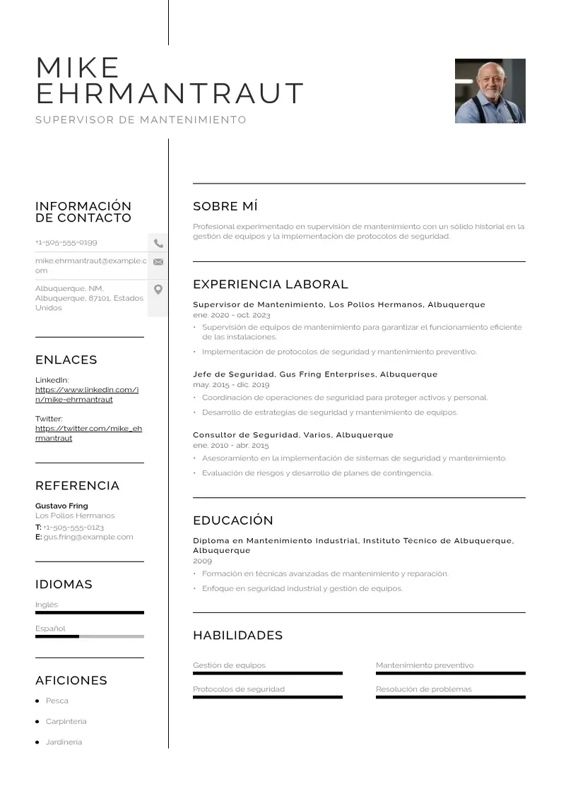 two column cv-supervisor-de-mantenimiento resume example